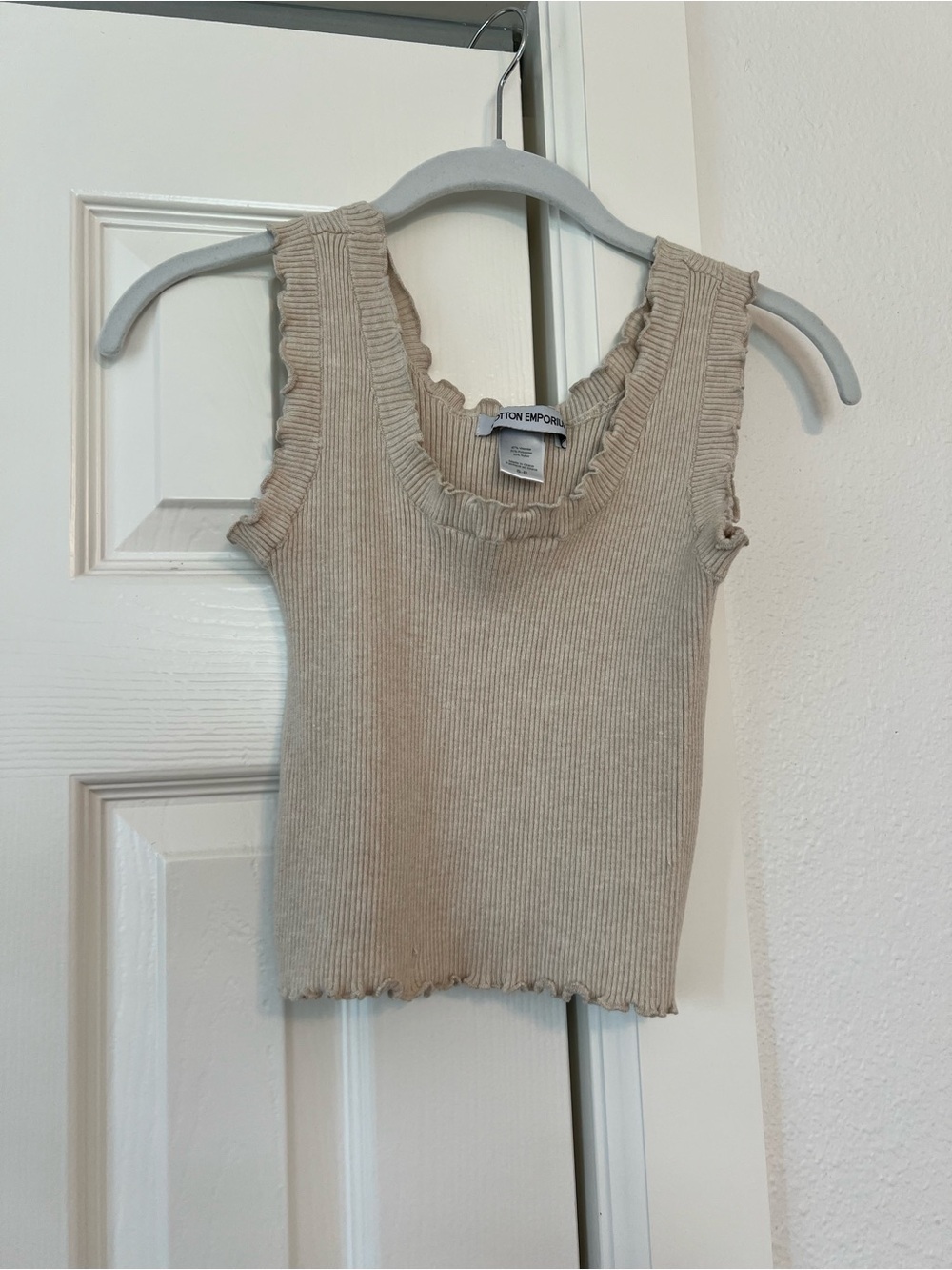 Cotton Emporium Neutral Ribbed Ruffle-Trim Tank